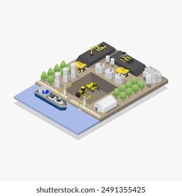 Unloading of coal ship isometric illustrated on background
