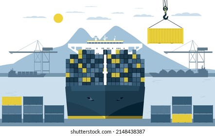 Unloading a container ship in the port. Vector illustration.