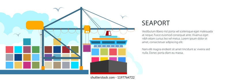 Unloading Containers from a Cargo Ship at the Seaport with Cargo Crane, International Freight Transportation Banner, Vector Illustration