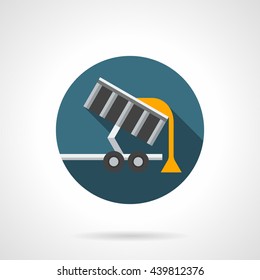 Unloading grain from trailer. Transportation of crop to plants or storage of agricultural products. Flat color style vector icon
