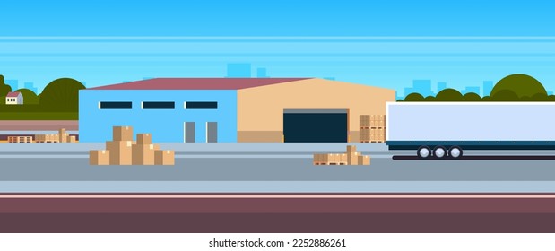 Descarga o carga de semirremolque almacén exterior y banner horizontal de entrega internacional ilustración vectorial plana.