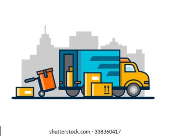 Unloading loading truck. Transportation lorry, industry cargo, cardboard delivery, line vector illustration