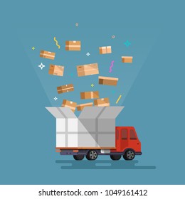 Unloading or loading trucks. Shipping cargo delivery, export or import, transportation and logistic, flat vector illustration