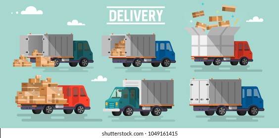 Unloading or loading trucks. Shipping cargo delivery, export or import, transportation and logistic, flat vector illustration