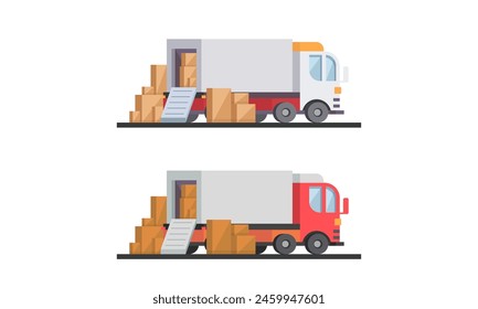 Descargar o cargar camiones. Envío de carga de entrega, exportación o importación, transporte y logística, Ilustración vectorial plana