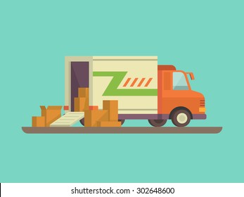 Unloading or loading trucks. Shipping cargo delivery, export or import,  transportation and logistic, flat vector illustration