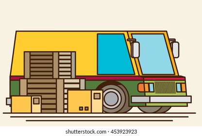 Unloading or loading trucks. Shipping cargo delivery, export or import, transportation and logistic, flat vector illustration
