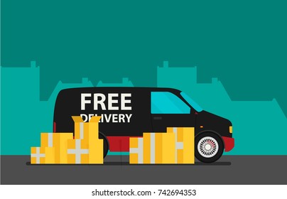 Unloading or loading trucks. Shipping cargo delivery, export or import, transportation and logistic, flat vector illustration