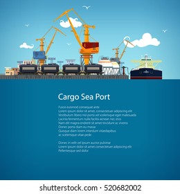 Unloading Oil or Liquids from the Tanker Ship, Sea Freight Transportation, Port Warehouses and Cranes and Railway Tank Cars, Poster Brochure Flyer Design, Vector Illustration 