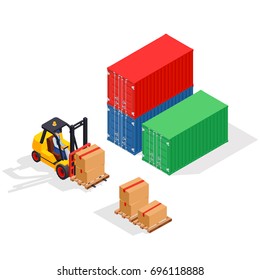 Unloading of sea cargo containers by a forklift. Closed containers and one outdoor. Isometric vector illustration.