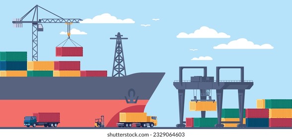 Entladen von Seecontainern auf Lastkraftwagen im Hafen vom Frachtschiff. Frachtterminal. Industrielle Ausrüstung. Ladegerät. Haken, die Metallkästen heben. Transportladung