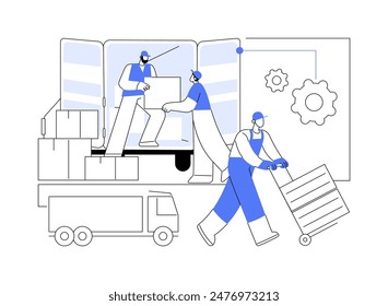 Unloading stock isolated cartoon vector illustrations. Group of diverse people in uniform unload a truck, product receiving, stockroom interior, professional people working vector cartoon.