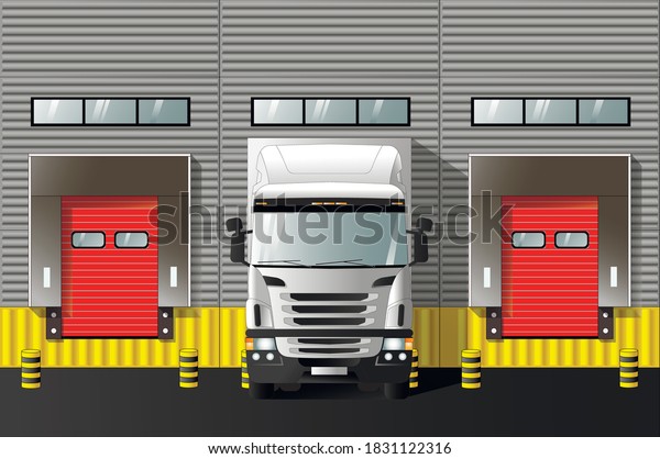 Unloading trucks at a modern warehouse complex.\
Vector graphics