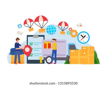 Unloading trucks. Shipping cargo delivery, export or import, transportation and logistic, online shop,  flat vector illustration