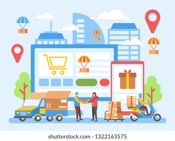 Unloading trucks. Shipping cargo delivery, export or import, transportation and logistic, online shop,  flat vector illustration