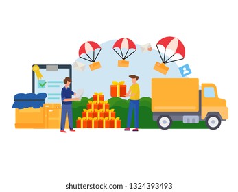 Unloading trucks. Shipping cargo delivery, export or import, transportation and logistic, online shop,  flat vector illustration