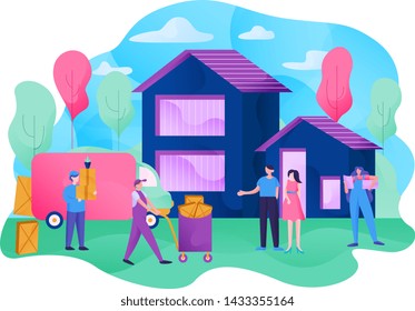 Unloading trucks. Shipping cargo delivery, export or import, transportation and logistic, online shop,  flat vector illustration
