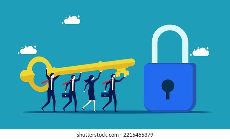 Unlock achievements. Business team carrying the keys of success to unlock
