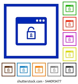 Unlock application flat color icons in square frames on white background