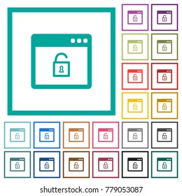 Unlock application flat color icons with quadrant frames on white background