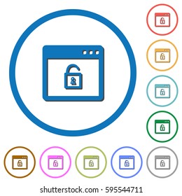 Unlock application flat color vector icons with shadows in round outlines on white background