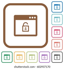 Unlock application simple icons in color rounded square frames on white background
