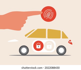 Unlock auto, fingerprint. Flat vector stock illustration. Modern alarm system. Fingerprint touch. Smart lock. Car protection. Isolated illustration