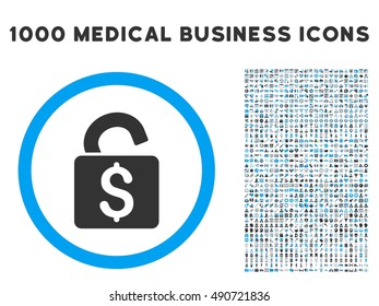 Unlock Banking Lock icon with 1000 medical commercial gray and blue vector pictograms. Design style is flat bicolor symbols, white background.