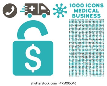 Unlock Banking Lock icon with 1000 medical commercial grey and cyan vector pictographs. Clipart style is flat bicolor symbols, white background.