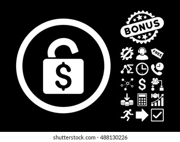 Unlock Banking Lock icon with bonus clip art. Vector illustration style is flat iconic symbols, white color, black background.