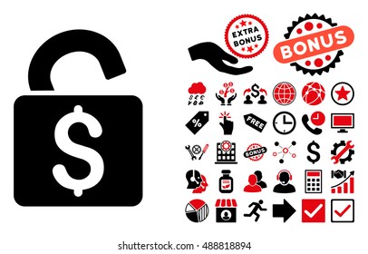 Unlock Banking Lock icon with bonus design elements. Vector illustration style is flat iconic bicolor symbols, intensive red and black colors, white background.
