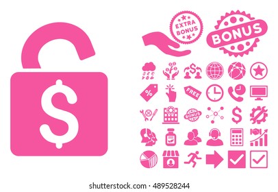 Unlock Banking Lock icon with bonus icon set. Vector illustration style is flat iconic symbols, pink color, white background.