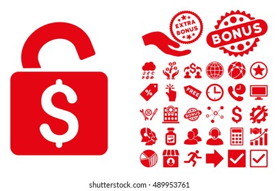 Unlock Banking Lock icon with bonus design elements. Vector illustration style is flat iconic symbols, red color, white background.