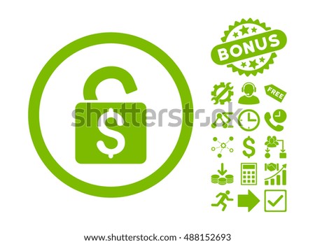 Unlock Banking Lock icon with bonus pictogram. Vector illustration style is flat iconic symbols, eco green color, white background.