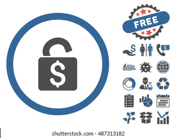Unlock Banking Lock icon with free bonus pictograph collection. Vector illustration style is flat iconic bicolor symbols, cobalt and gray colors, white background.