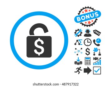Unlock Banking Lock pictograph with bonus icon set. Vector illustration style is flat iconic bicolor symbols, blue and gray colors, white background.