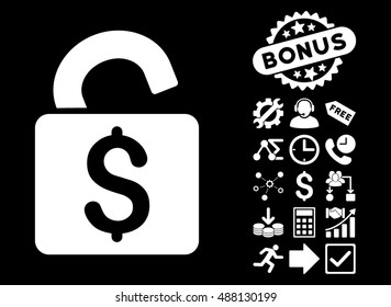 Unlock Banking Lock pictograph with bonus images. Vector illustration style is flat iconic symbols, white color, black background.