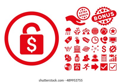 Unlock Banking Lock pictograph with bonus pictures. Vector illustration style is flat iconic symbols, red color, white background.