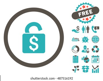 Unlock Banking Lock pictograph with free bonus pictograph collection. Vector illustration style is flat iconic bicolor symbols, grey and cyan colors, white background.