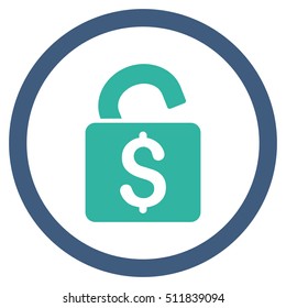 Unlock Banking Lock vector bicolor rounded icon. Image style is a flat icon symbol inside a circle, cobalt and cyan colors, white background.