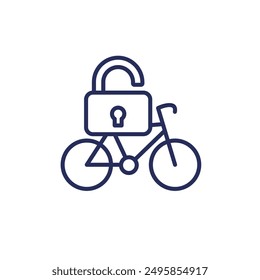 Unlock bike icon with a bicycle and a lock, line vector