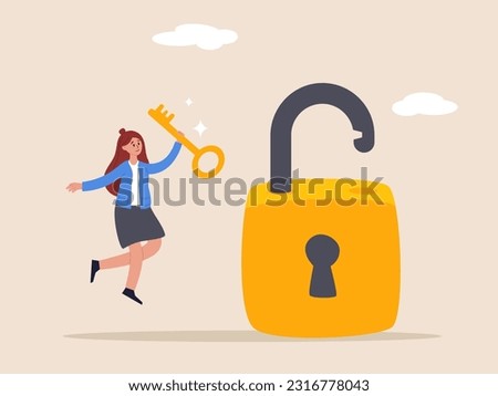 Unlock business accessibility concept. Golden key to unlock, solve business problem, professional to give solutions, success business key, smart businesswoman holding golden key to unlock the pad.