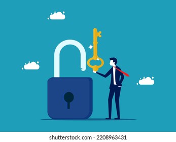 Unlock business information. Businessman unlocking the padlock. vector