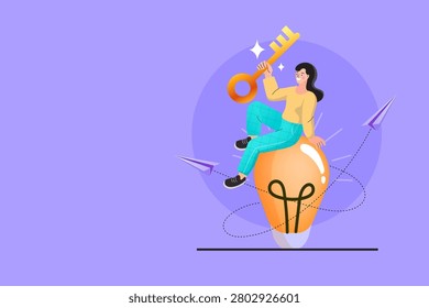 Unlock business potential and find creative solutions with a key to success concept. Horizontal banner featuring a happy woman sitting on a giant lightbulb while holding a golden key, perfect for corporate consulting and education.