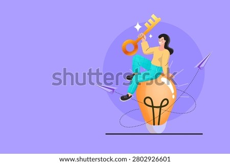 Unlock business potential and find creative solutions with a key to success concept. Horizontal banner featuring a happy woman sitting on a giant lightbulb while holding a golden key, perfect for corporate consulting and education.