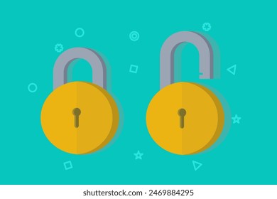 Unlock and close lock icon. Security, encryption, protection, privacy, data access. Locks are locked and unlocked. Two yellow padlocks with keyholes, padlock shape illustration, flat cartoon design.