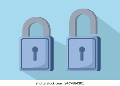 Unlock and close lock icon. Security, encryption, protection, privacy, data access. Locks are locked and unlocked. Two yellow padlocks with keyholes, padlock shape illustration, flat cartoon design.