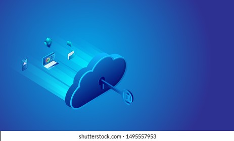 Unlock Cloud Server And Essential Business Equipments Between Digital Rays For Cloud Storage Or Data Security Concept Based Isometric Design.