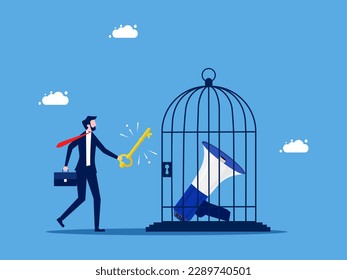 Unlock communication and advertising. Businessman unravels a cannon in a cage 