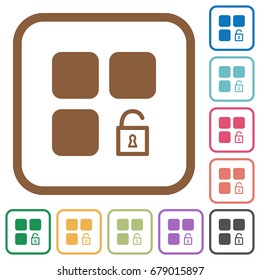 Unlock component simple icons in color rounded square frames on white background